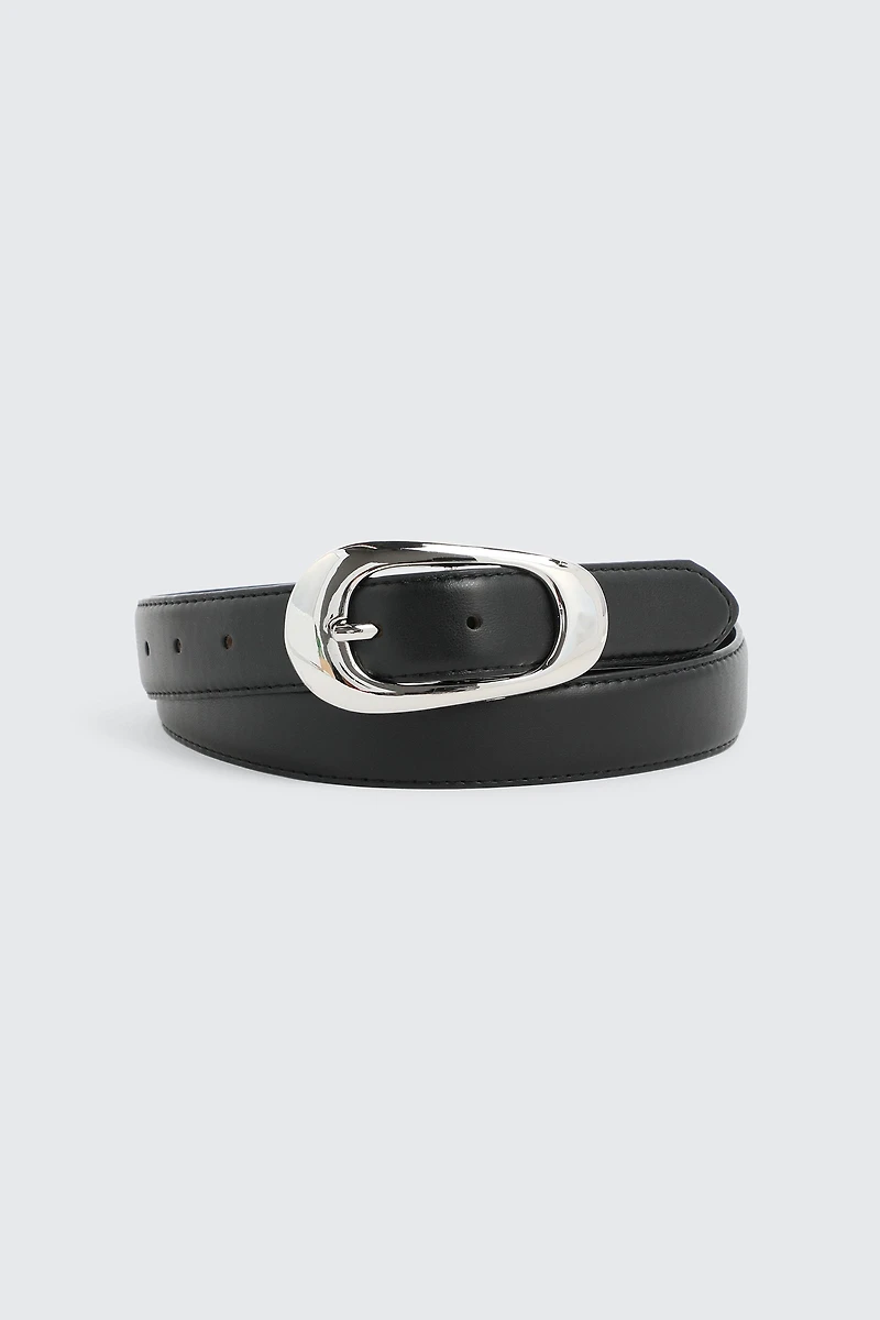 Ardene Belt with Asymmetrical Oval Buckle in Black | Size Small | Faux Leather