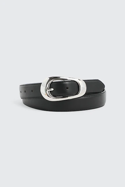 Ardene Belt with Asymmetrical Oval Buckle in Black | Size | Faux Leather