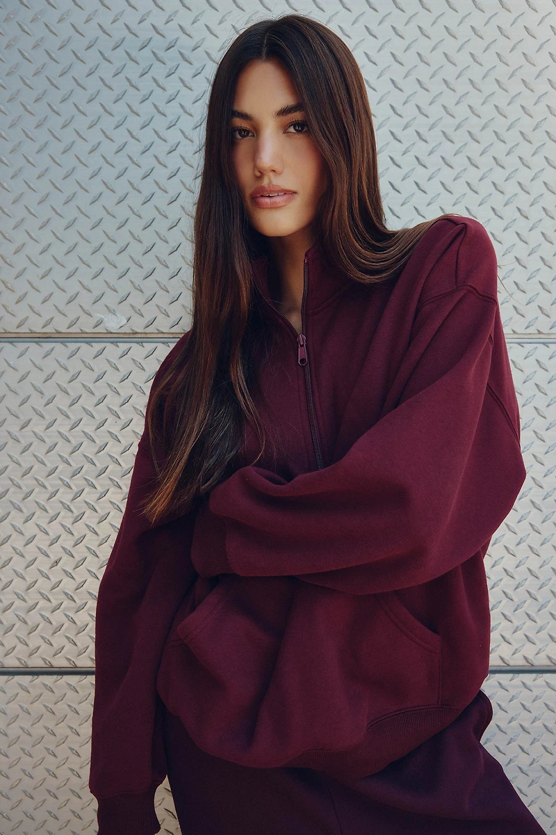 Ardene MADESOFT Fleece Oversized Half Zip Sweatshirt in Mahogany | Size | Polyester/Cotton | Eco-Conscious