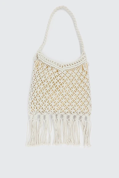 Ardene Crochet Tote Bag with Fringes in White | 100% Recycled Polyester | Eco-Conscious