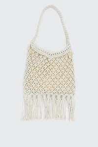 Ardene Crochet Tote Bag with Fringes in White | 100% Recycled Polyester | Eco-Conscious