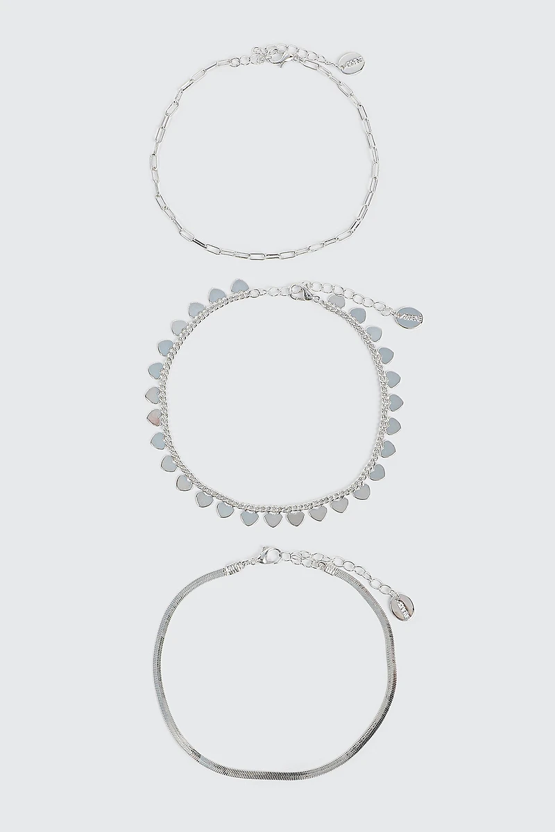 Ardene 3-Pack Heart Anklets in Silver