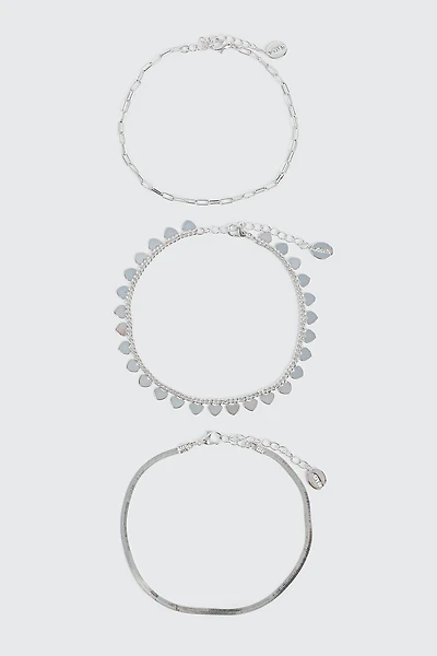 Ardene 3-Pack Heart Anklets in Silver