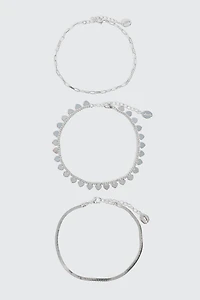 Ardene 3-Pack Heart Anklets in Silver