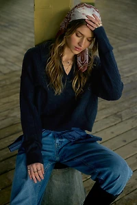 Ardene Short Johnny Collar Sweater in Dark Blue | Size Small | Polyester/Nylon