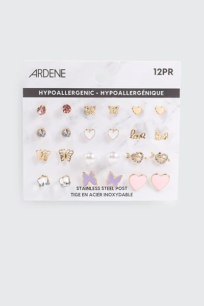 Ardene 12-Pack of Heart & Butterfly Earrings in Gold | Stainless Steel