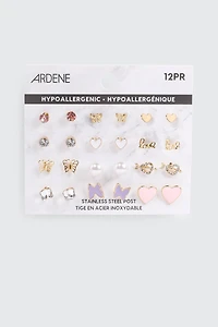 Ardene 12-Pack of Heart & Butterfly Earrings in Gold | Stainless Steel