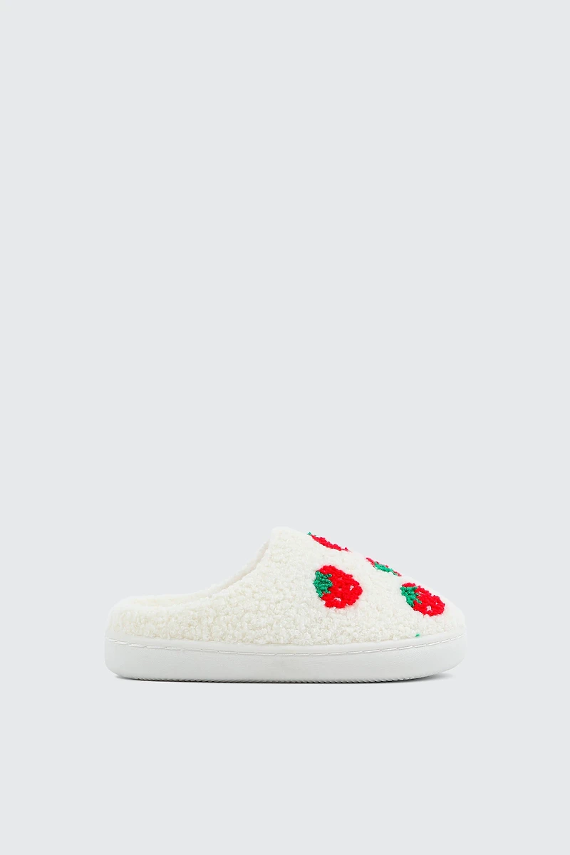 Ardene Kids Plush Strawberry Slippers in White | Size