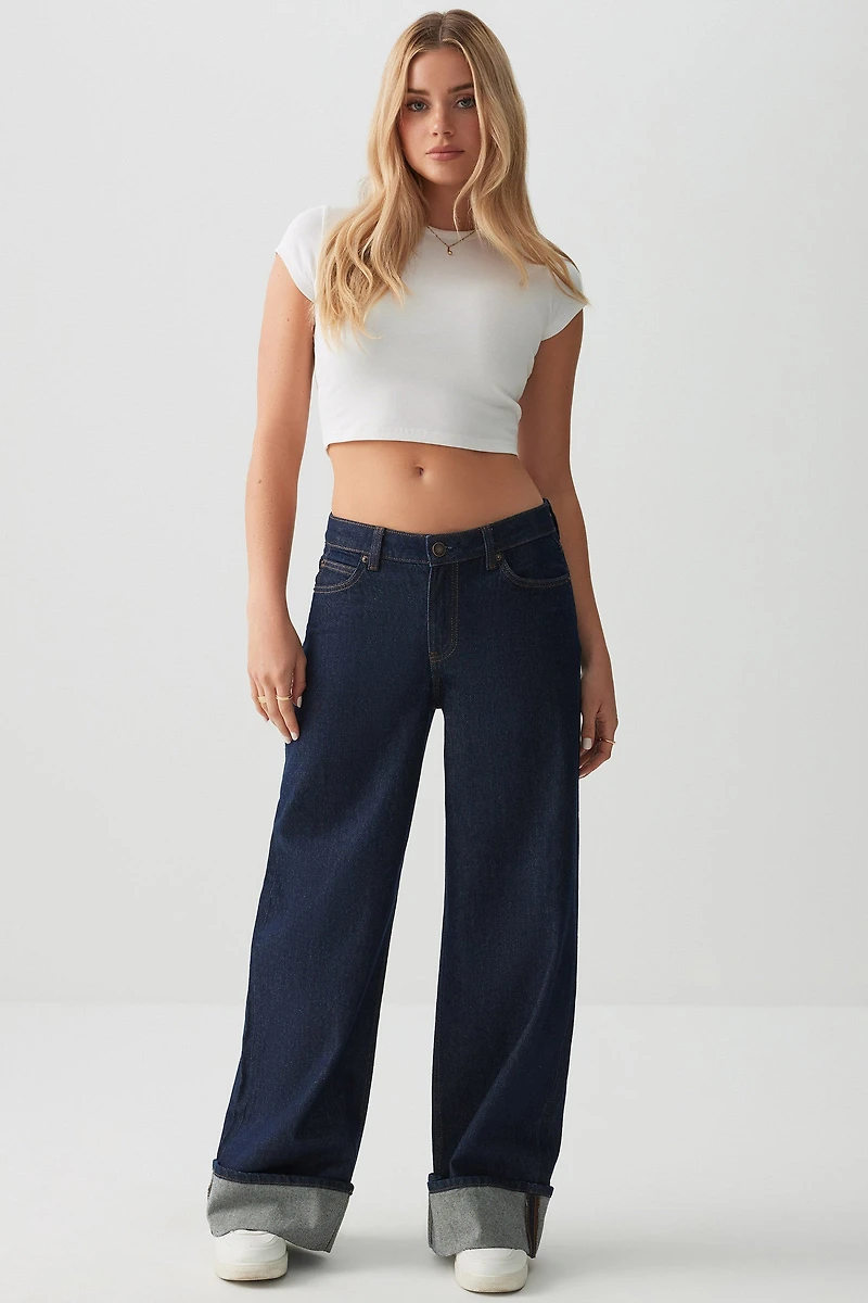 Ardene Mid Rise Wide Leg Slouchy Jean in Dark Blue | Size | 100% Cotton