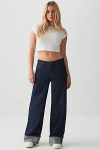 Ardene Mid Rise Wide Leg Slouchy Jean in Dark Blue | Size | 100% Cotton