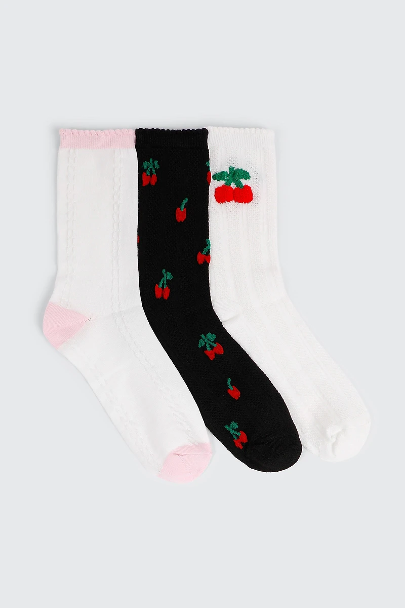 Ardene 3-Pack Cherry Pattern Crew Socks in Red | Polyester/Spandex