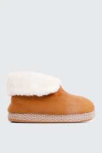 Ardene Flip Collar Bootie Slippers in Cognac | Size | 100% Recycled Polyester/Faux Suede | Eco-Conscious