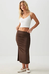 Ardene Sculpting Ruched Midi Skirt in Brown | Size | Polyester/Spandex