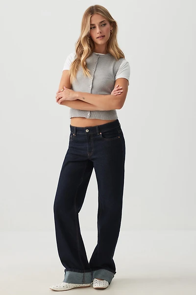 Ardene The Era Mid Rise Straight Cuffed Jean in Dark Blue | Size | Cotton/Elastane