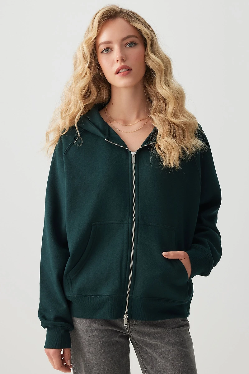 Ardene Oversized Raglan Zip Up Hoodie in Dark Green | Size | Polyester/Cotton | Fleece-Lined