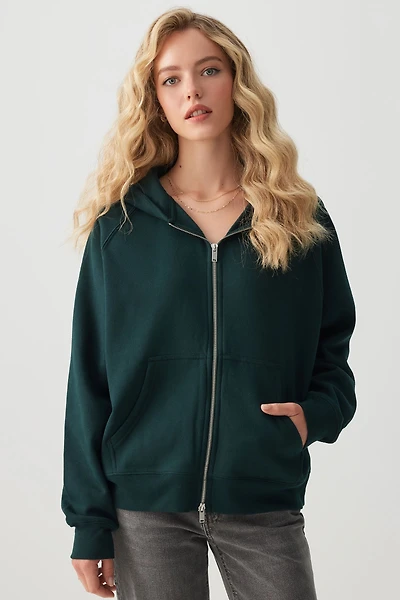 Ardene Oversized Raglan Zip Up Hoodie in Dark Green | Size | Polyester/Cotton | Fleece-Lined