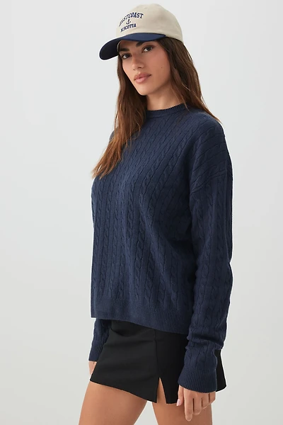 Ardene Long Cable Knit Crew Neck Sweater in Dark Blue | Size | Polyester/Nylon