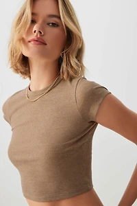 Ardene Basic Ultra Crop Crew Neck T-shirt in Cognac | Size | Cotton/Elastane | Eco-Conscious