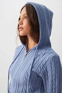 Ardene Cable Knit Zip Up Hooded Sweater in Medium Blue | Size | Polyester/Nylon/Viscose