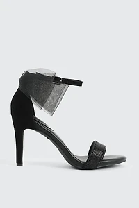 Ardene High Heel Sandals with Bow Detail in Black | Size 10 | Faux Leather/Faux Suede