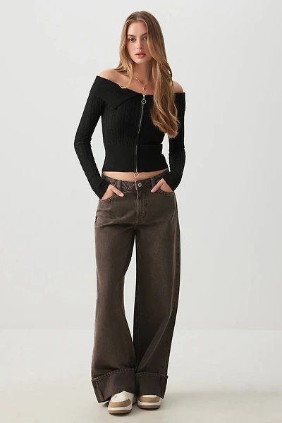 Ardene Mid Rise Wide Leg Slouchy Jean in Brown | Size | 100% Cotton