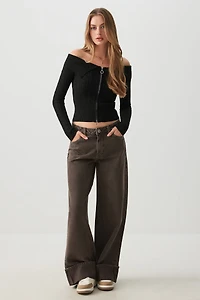 Ardene Mid Rise Wide Leg Slouchy Jean in Brown | Size | 100% Cotton