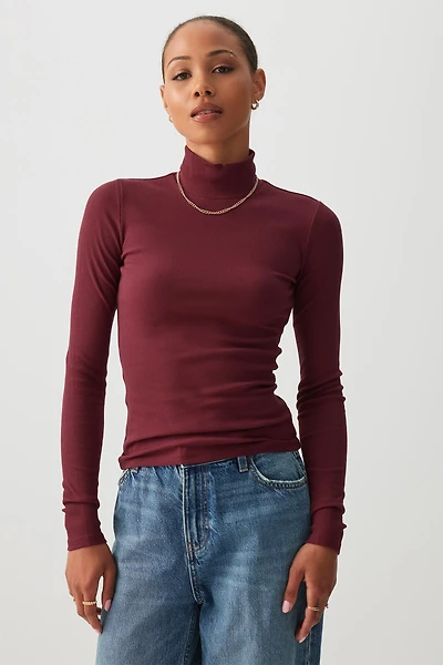 Ardene Rib Turtleneck Sweater in Burgundy | Size | Cotton/Elastane