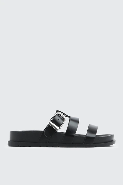 Ardene Chunky Slides with Buckle Detail in Black | Size | Faux Leather