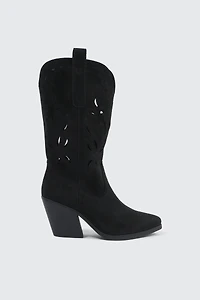 Ardene Floral Cutout Cowboy Boots in Black | Size | Faux Leather/Faux Suede