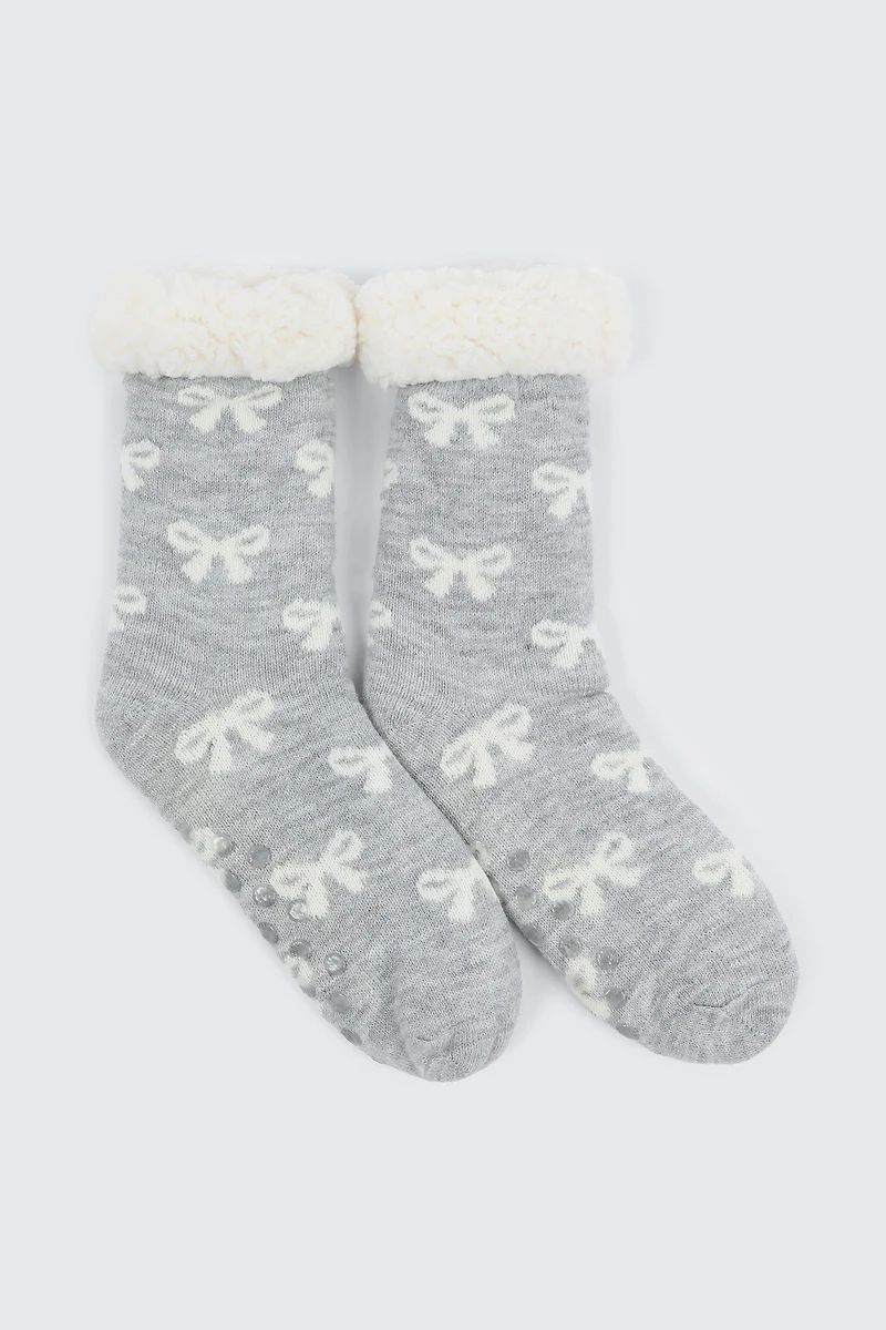 Ardene Bow Print Slipper Socks in Grey | Size Small | Polyester/Spandex