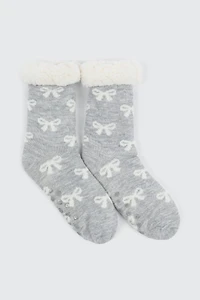 Ardene Bow Print Slipper Socks in Grey | Size Small | Polyester/Spandex