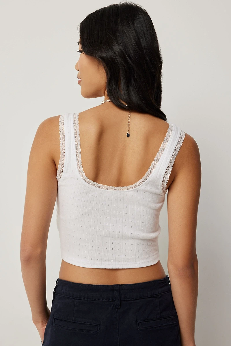 Camisole pointelle à bordure en dentelle