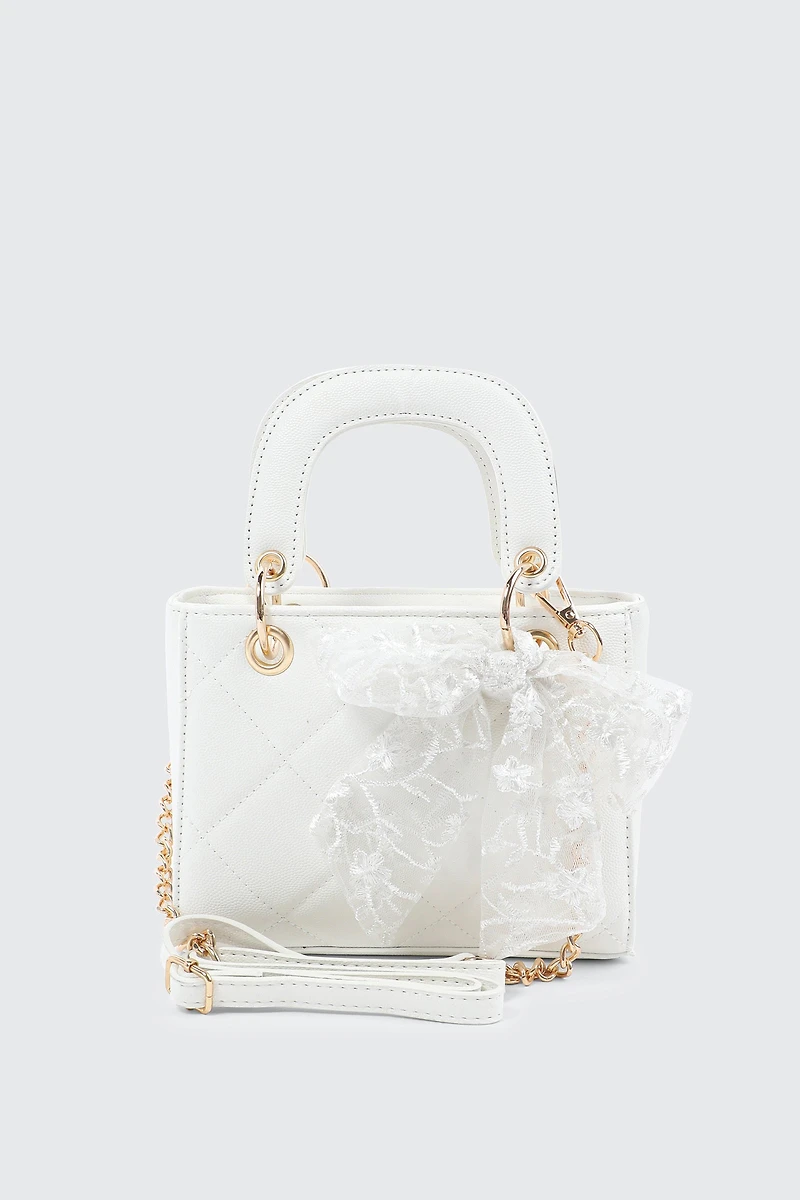 Ardene Small Tote Bag with Bow Detail in Off-White | Faux Leather/Polyester