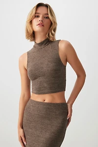 Ardene Brushed Knit Mock Neck Tank Top in Brown | Size | Polyester/Rayon/Elastane