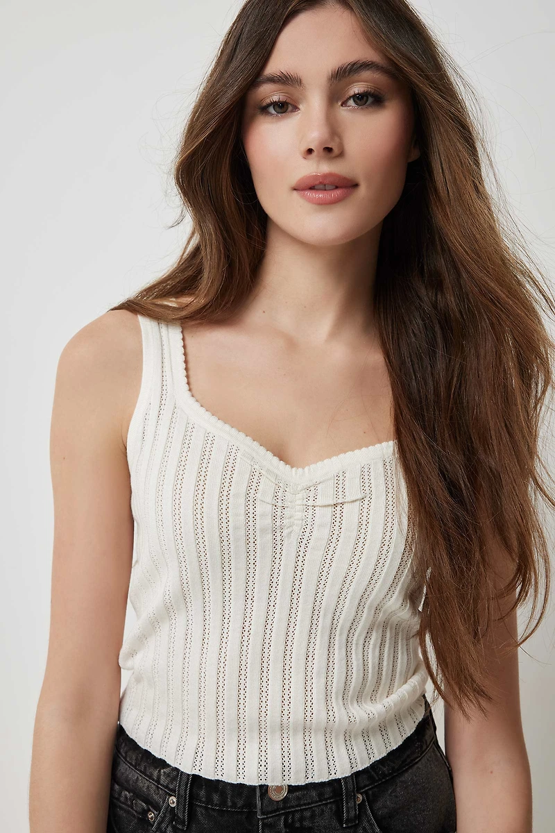 Ardene Pointelle Knit Tank with Ruching in White | Size | Polyester/Viscose