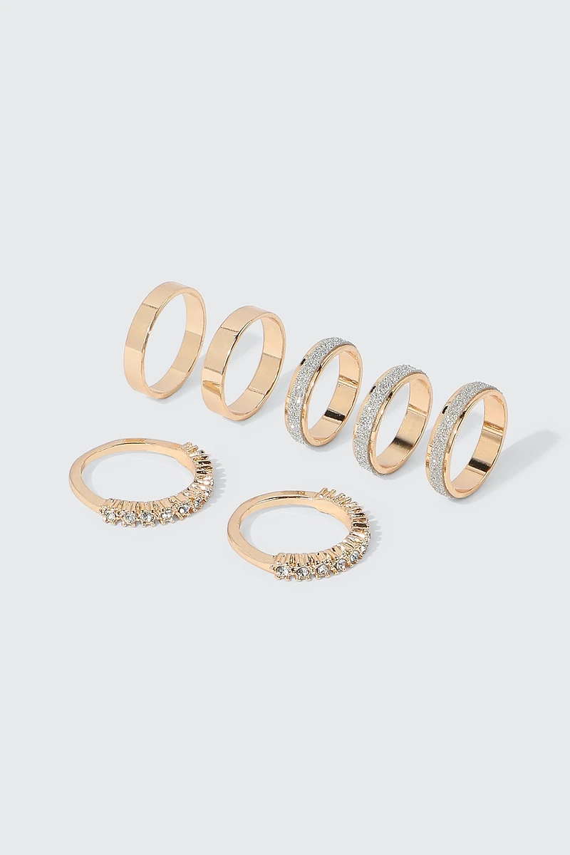 Ardene 7-Pack Glitter & Stone Rings in Gold | Size Small