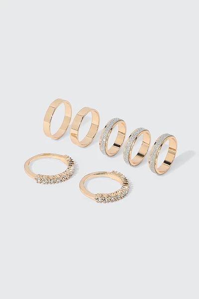 Ardene 7-Pack Glitter & Stone Rings in Gold | Size