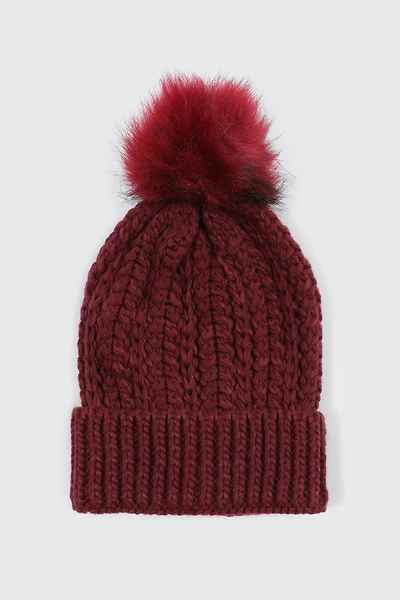 Ardene Beanie with Pompom in Burgundy | 100% Acrylic