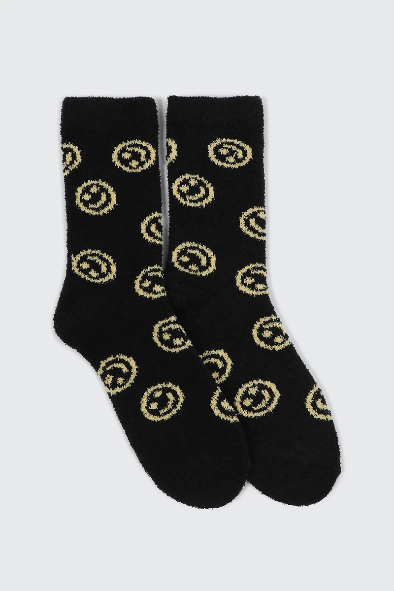 Ardene Smiley Face Cozy Socks in Black | Polyester/Spandex