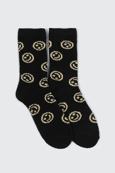 Ardene Smiley Face Cozy Socks in Black | Polyester/Spandex