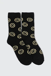 Ardene Smiley Face Cozy Socks in Black | Polyester/Spandex