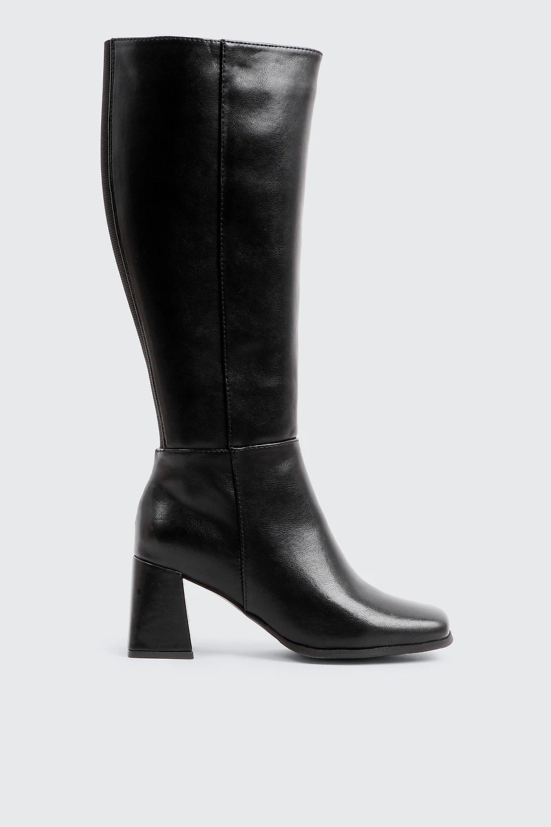Ardene Flare Block Heel Knee High Boots in Black | Size | Faux Leather/Faux Suede | Eco-Conscious