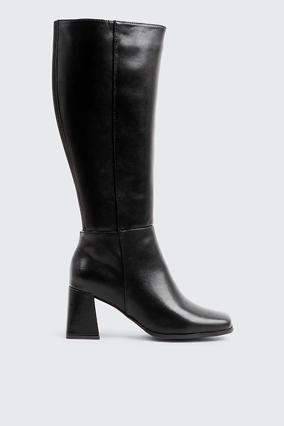 Ardene Flare Block Heel Knee High Boots in Black | Size | Faux Leather/Faux Suede | Eco-Conscious
