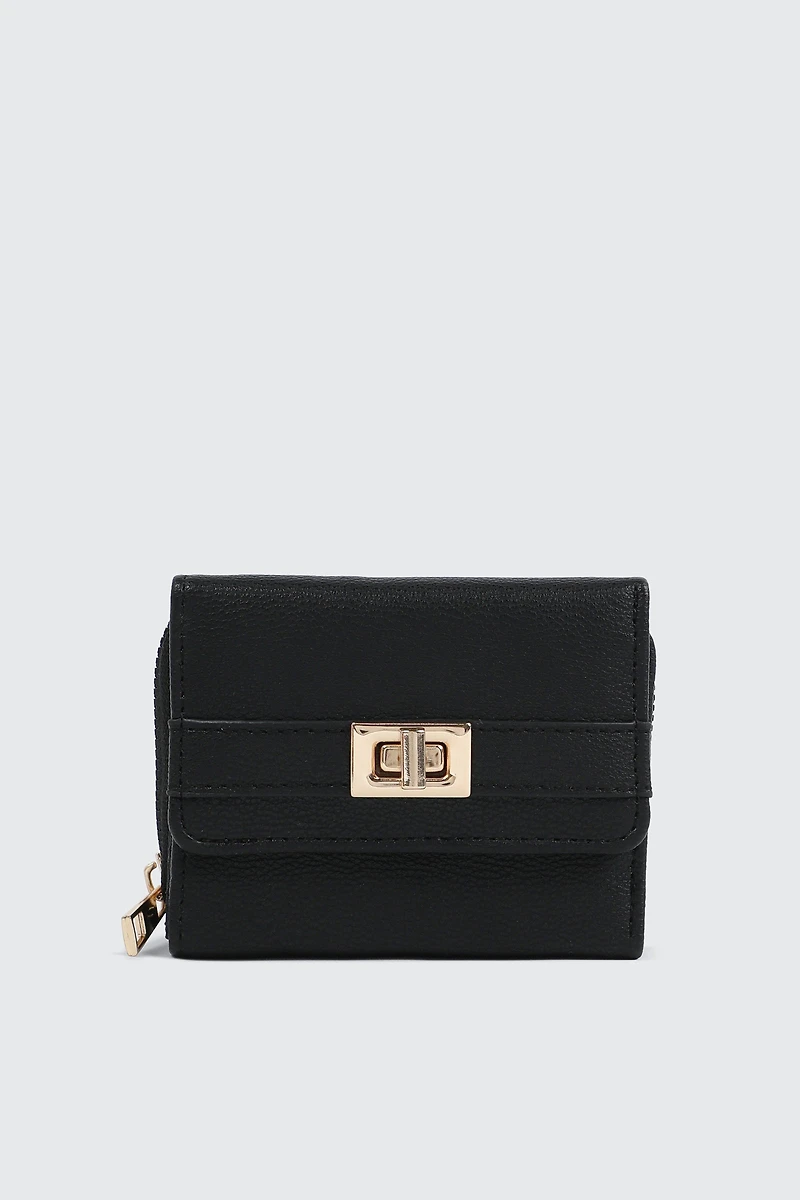 Ardene Turn Lock Wallet in Black | Faux Leather/Polyester