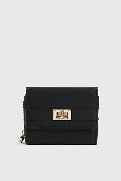 Ardene Turn Lock Wallet in Black | Faux Leather/Polyester