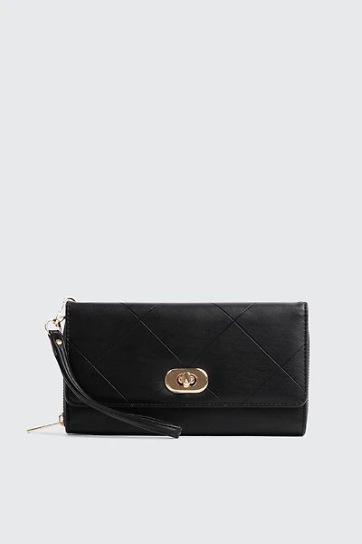 Ardene Turn Lock Wallet in Black | Faux Leather/Polyester