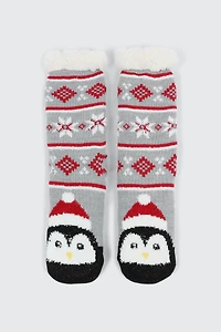 Ardene Penguin Slipper Socks in Grey | Size | Polyester/Spandex