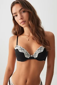 Ardene Luxe Lace Trim Push Up Bra in Black | Size 34A | Nylon/Elastane