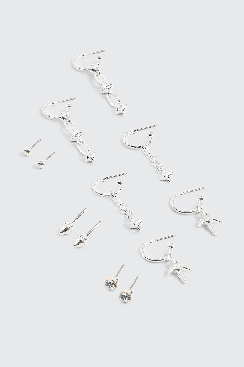 Ardene 6-Pack Hoop and Stud Earrings with Spikes in Silver | Stainless Steel