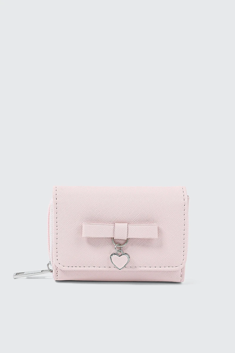 Ardene Kids Folded Wallet with Heart Charm Detail in Light Pink | Faux Leather/Nylon